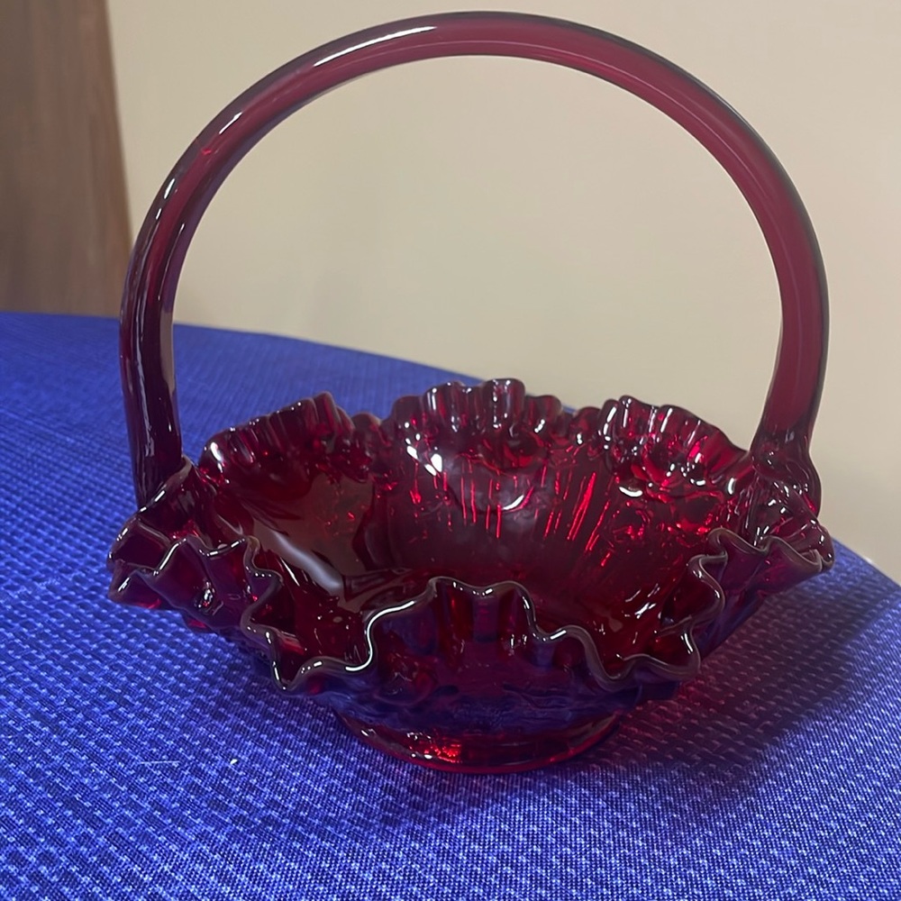 Fenton Ruby Red Cabbage Rose Glass Basket, Ruffled Edge, Amberina
